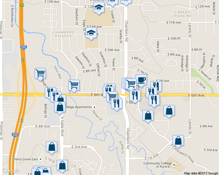 map of restaurants, bars, coffee shops, grocery stores, and more near 601 Fraser Street in Aurora