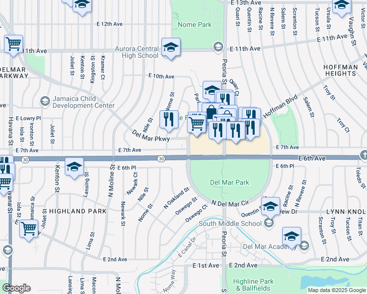 map of restaurants, bars, coffee shops, grocery stores, and more near 11896 East 7th Avenue in Aurora