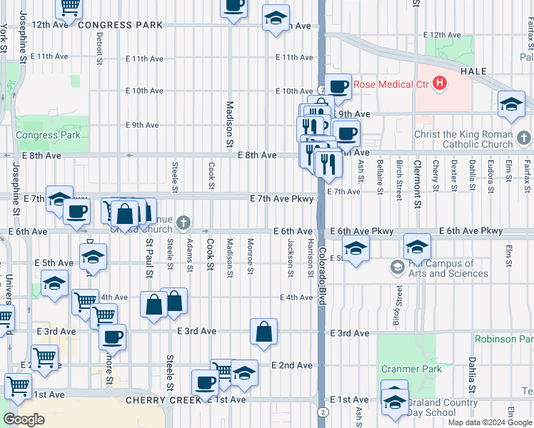 map of restaurants, bars, coffee shops, grocery stores, and more near 615 Garfield Street in Denver