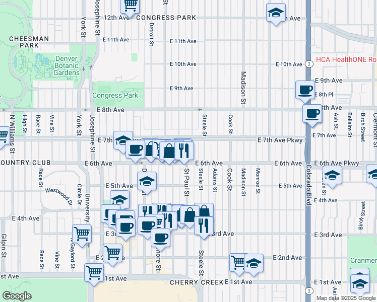map of restaurants, bars, coffee shops, grocery stores, and more near 612 Saint Paul Street in Denver