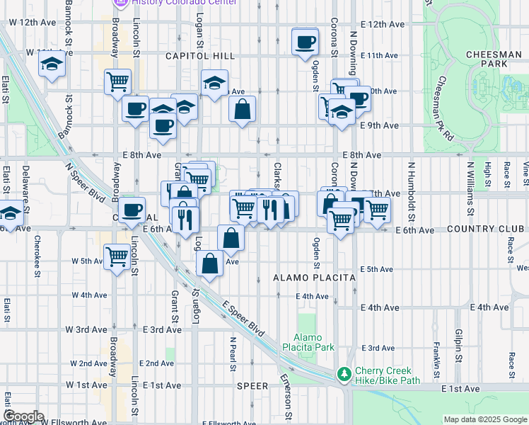 map of restaurants, bars, coffee shops, grocery stores, and more near 615 North Washington Street in Denver