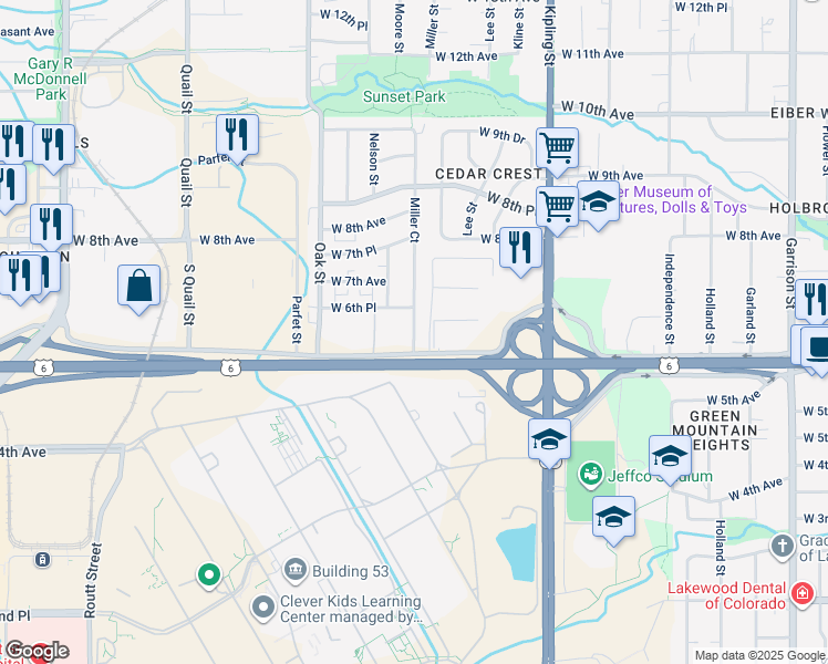 map of restaurants, bars, coffee shops, grocery stores, and more near 10455 West 6th Avenue Frontage Road in Lakewood