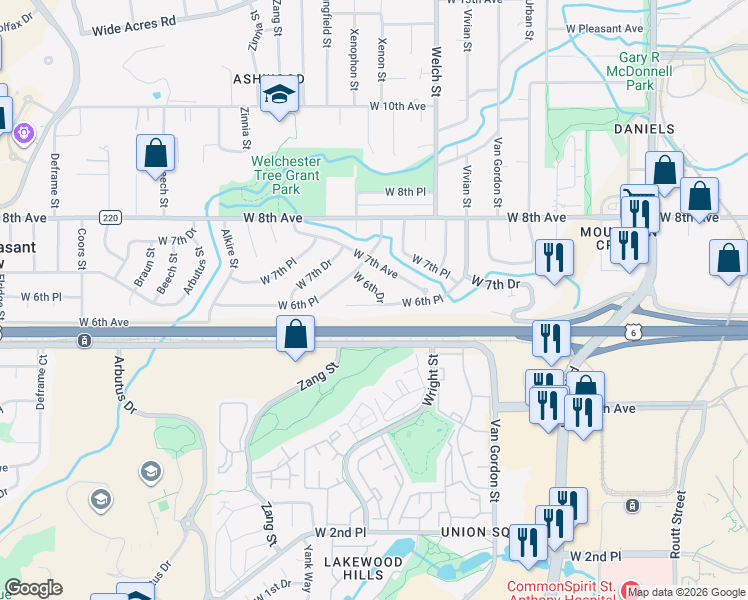 map of restaurants, bars, coffee shops, grocery stores, and more near 12648 West 6th Place in Golden