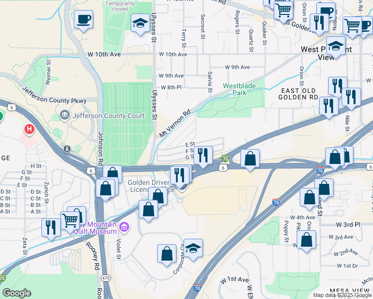 map of restaurants, bars, coffee shops, grocery stores, and more near G St in Golden