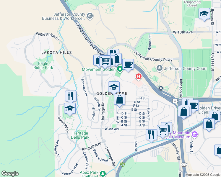 map of restaurants, bars, coffee shops, grocery stores, and more near 1290 Golden Circle in Golden