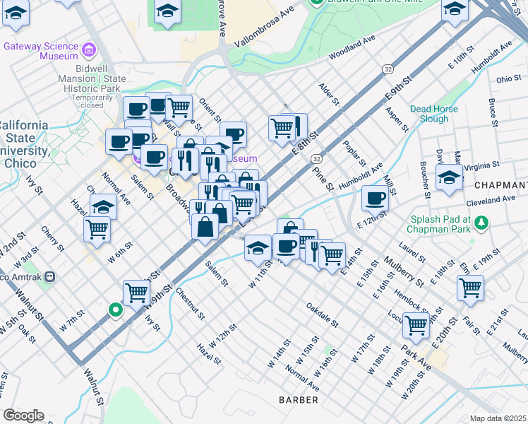 map of restaurants, bars, coffee shops, grocery stores, and more near 266 Humboldt Avenue in Chico
