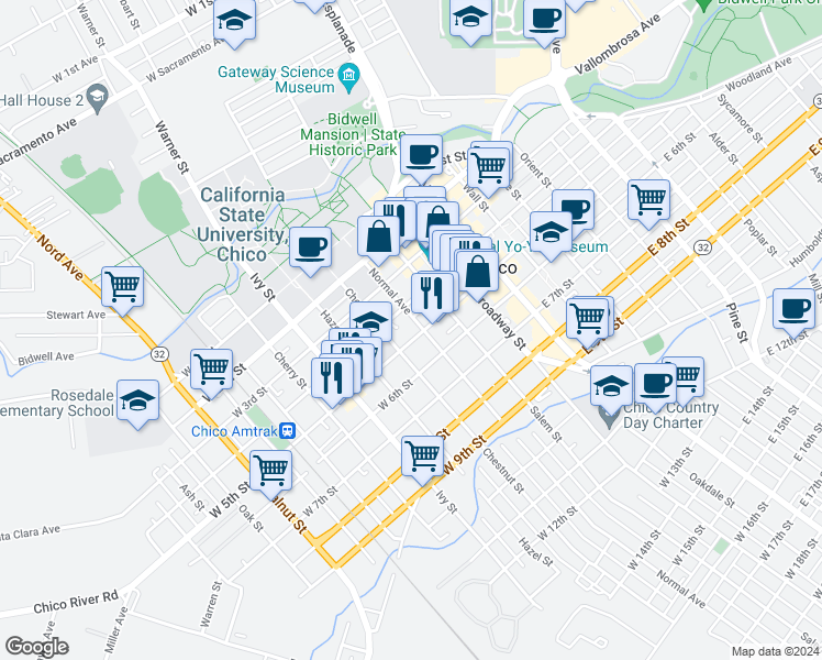map of restaurants, bars, coffee shops, grocery stores, and more near 416 Chestnut Street in Chico