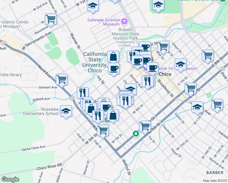 map of restaurants, bars, coffee shops, grocery stores, and more near 305 Ivy Street in Chico