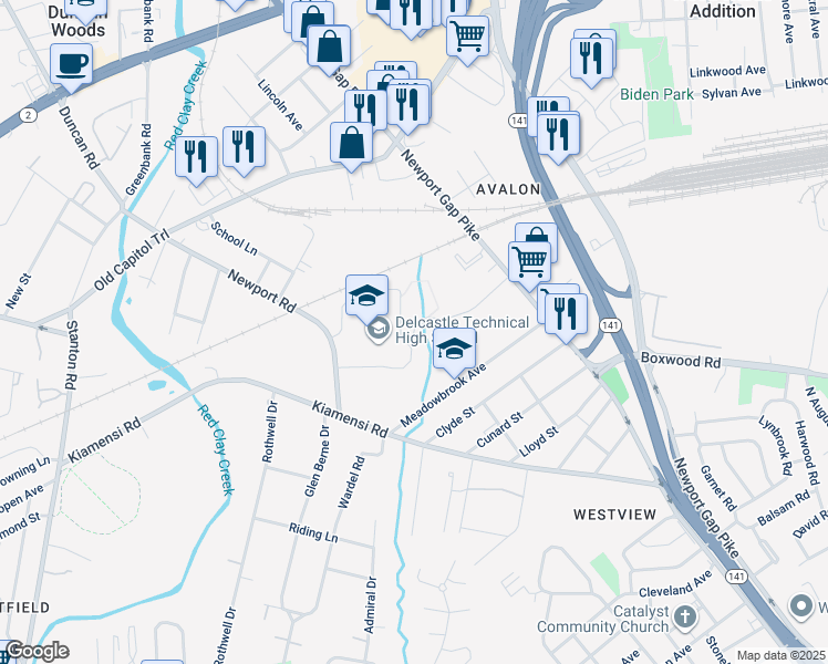 map of restaurants, bars, coffee shops, grocery stores, and more near 1417 Newport Road in Wilmington