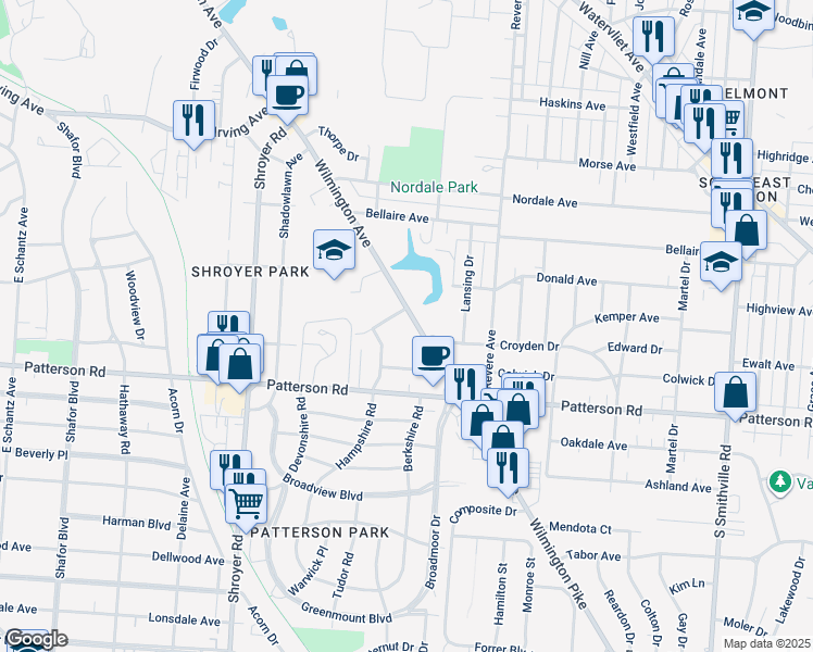 map of restaurants, bars, coffee shops, grocery stores, and more near 1053 Wilmington Avenue in Dayton