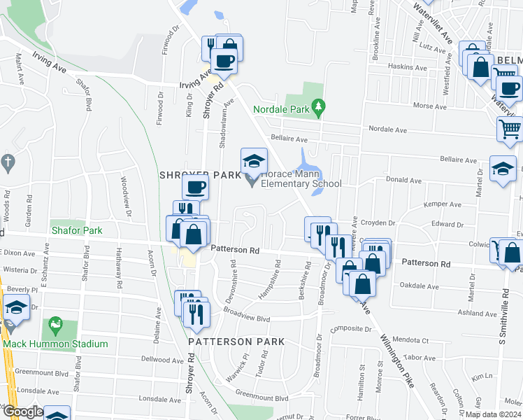 map of restaurants, bars, coffee shops, grocery stores, and more near 99 Patterson Village Drive in Dayton