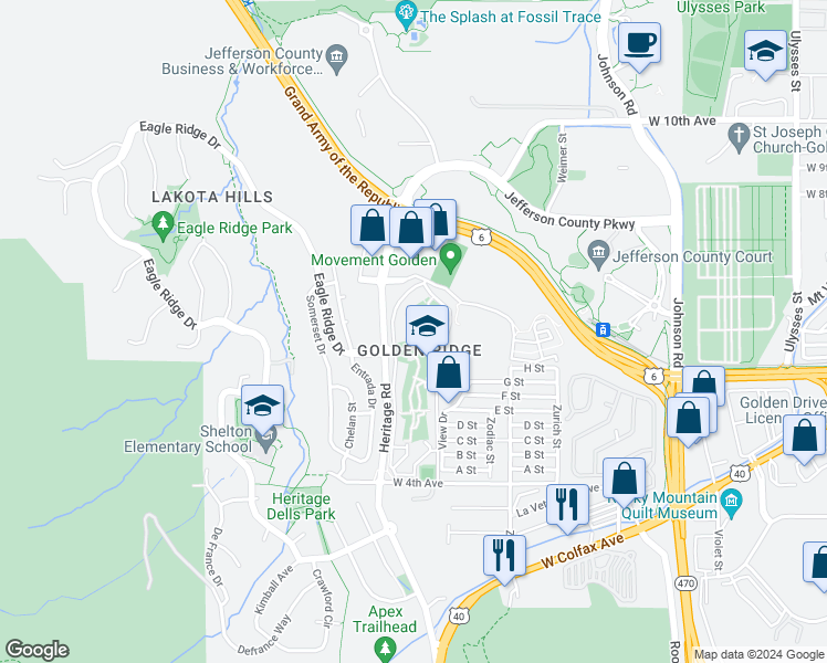 map of restaurants, bars, coffee shops, grocery stores, and more near 1290 Golden Circle in Golden
