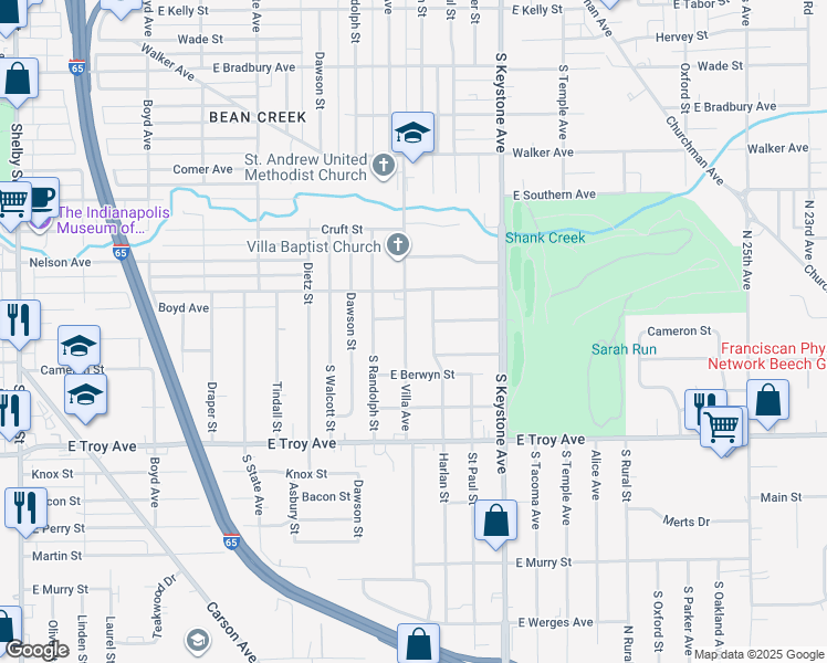 map of restaurants, bars, coffee shops, grocery stores, and more near 2828 Harlan Street in Indianapolis