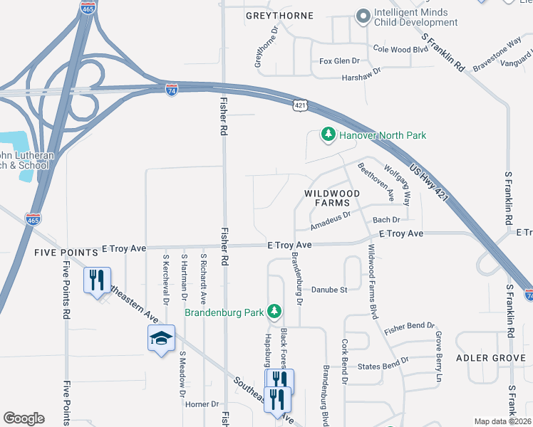 map of restaurants, bars, coffee shops, grocery stores, and more near 2944 Wolfgang Drive in Indianapolis