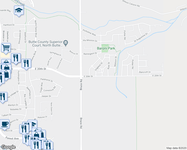 map of restaurants, bars, coffee shops, grocery stores, and more near 2586 East 20th Street in Chico