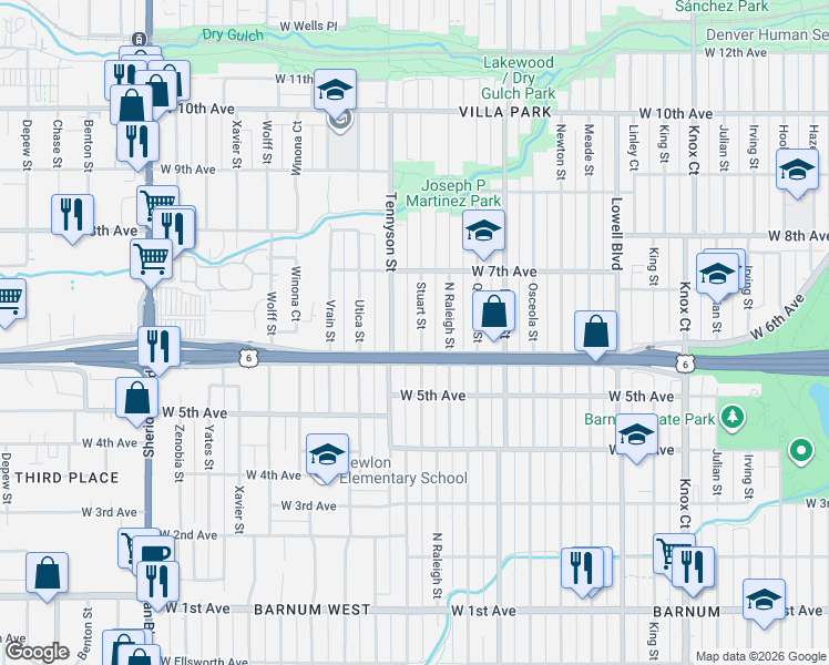 map of restaurants, bars, coffee shops, grocery stores, and more near 615 Stuart Street in Denver