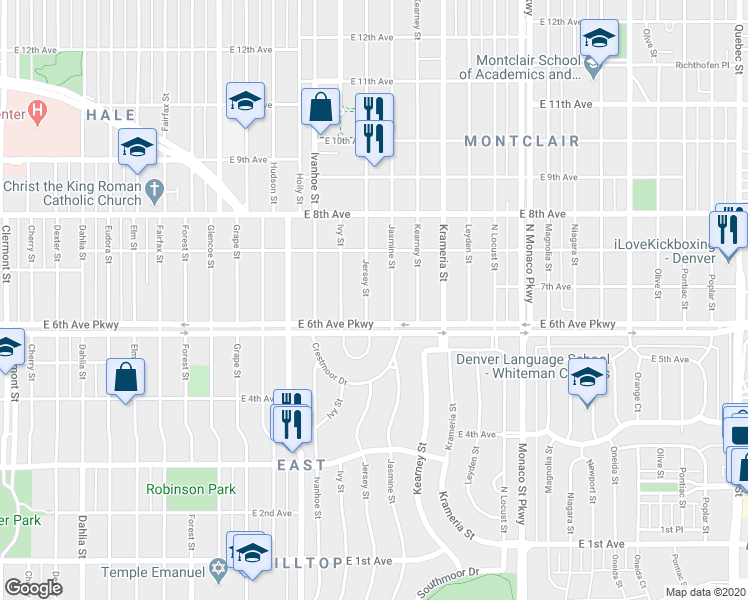 map of restaurants, bars, coffee shops, grocery stores, and more near 640 Jersey Street in Denver