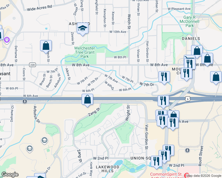 map of restaurants, bars, coffee shops, grocery stores, and more near 12648 West 6th Place in Golden