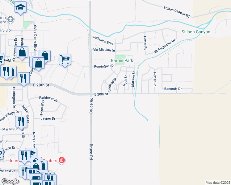 map of restaurants, bars, coffee shops, grocery stores, and more near 2598 East 20th Street in Chico
