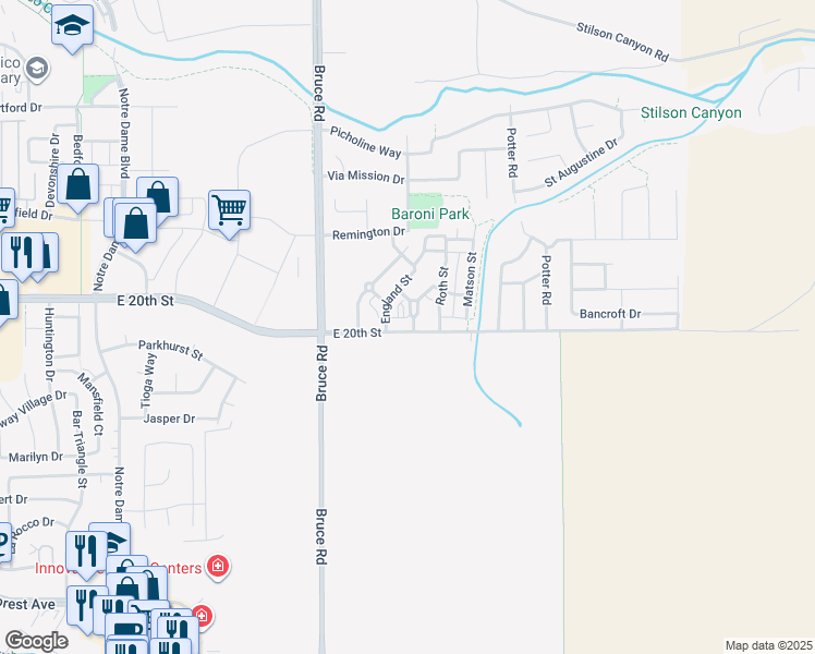 map of restaurants, bars, coffee shops, grocery stores, and more near 2602 East 20th Street in Chico