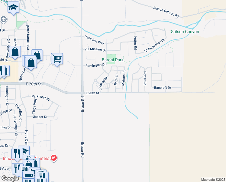map of restaurants, bars, coffee shops, grocery stores, and more near 2610 East 20th Street in Chico