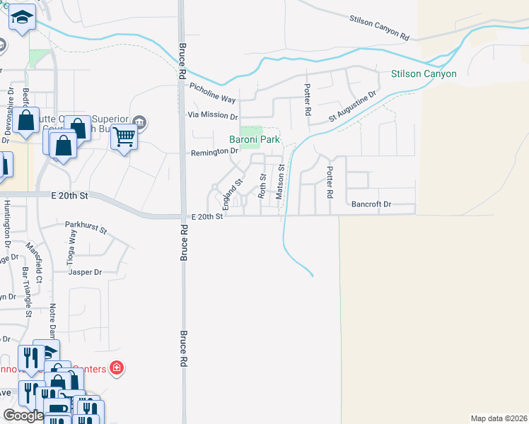 map of restaurants, bars, coffee shops, grocery stores, and more near 2622 East 20th Street in Chico