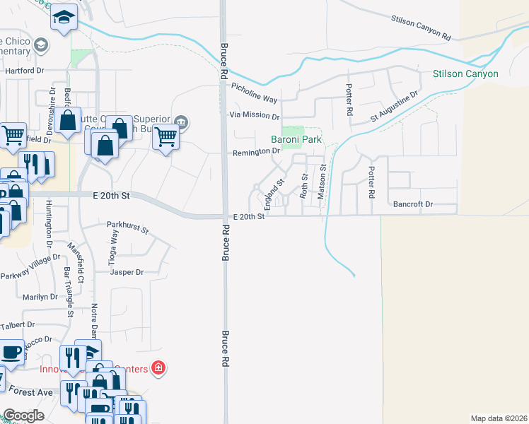map of restaurants, bars, coffee shops, grocery stores, and more near 2360 England Street in Chico