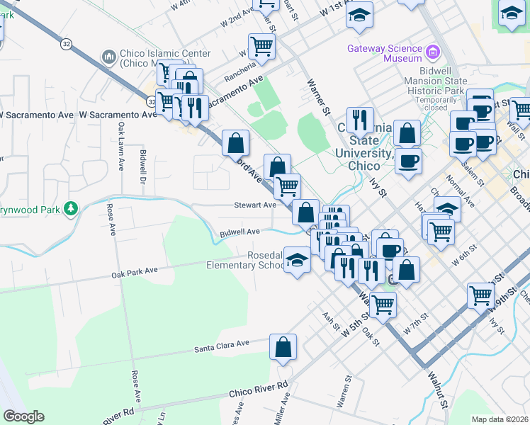 map of restaurants, bars, coffee shops, grocery stores, and more near 1119 Stewart Avenue in Chico