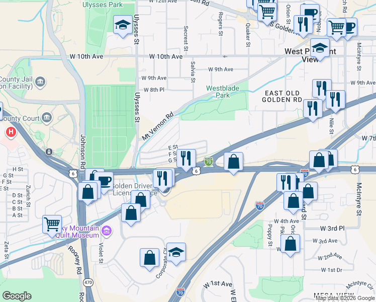 map of restaurants, bars, coffee shops, grocery stores, and more near G St in Golden