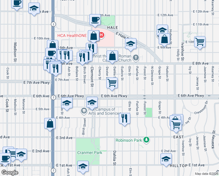 map of restaurants, bars, coffee shops, grocery stores, and more near 4705 East 6th Avenue Parkway in Denver