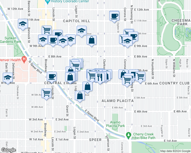map of restaurants, bars, coffee shops, grocery stores, and more near 615 North Washington Street in Denver
