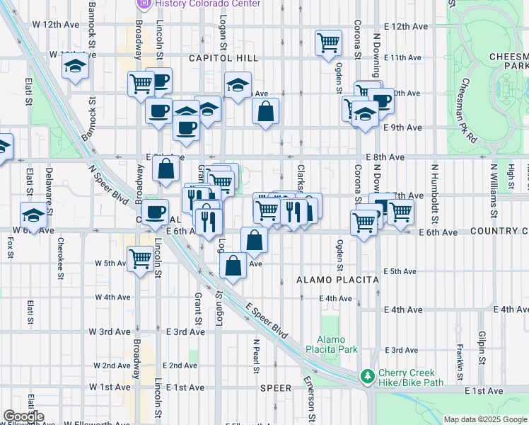 map of restaurants, bars, coffee shops, grocery stores, and more near 600 Pennsylvania Street in Denver