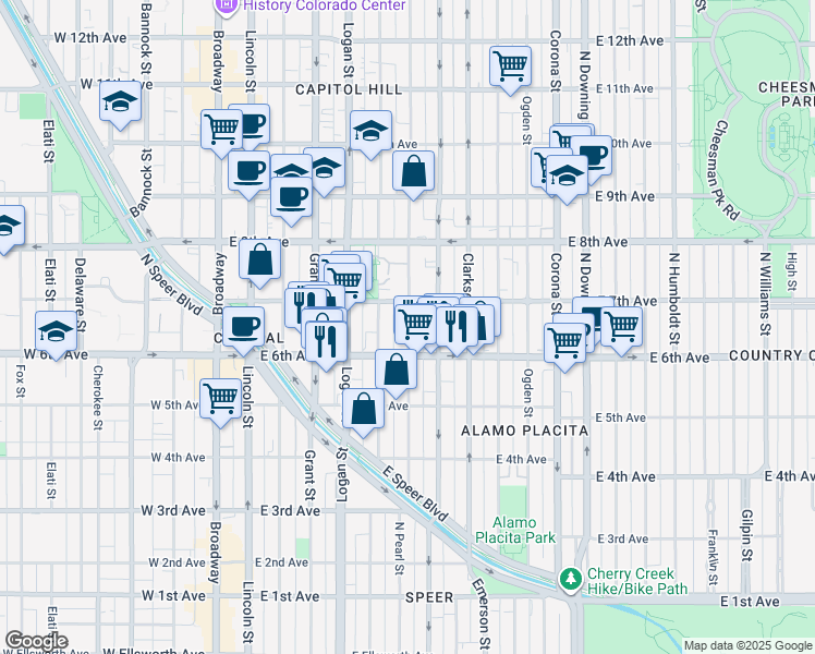 map of restaurants, bars, coffee shops, grocery stores, and more near 600 Pennsylvania Street in Denver