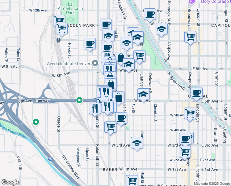 map of restaurants, bars, coffee shops, grocery stores, and more near 616 Inca Street in Denver