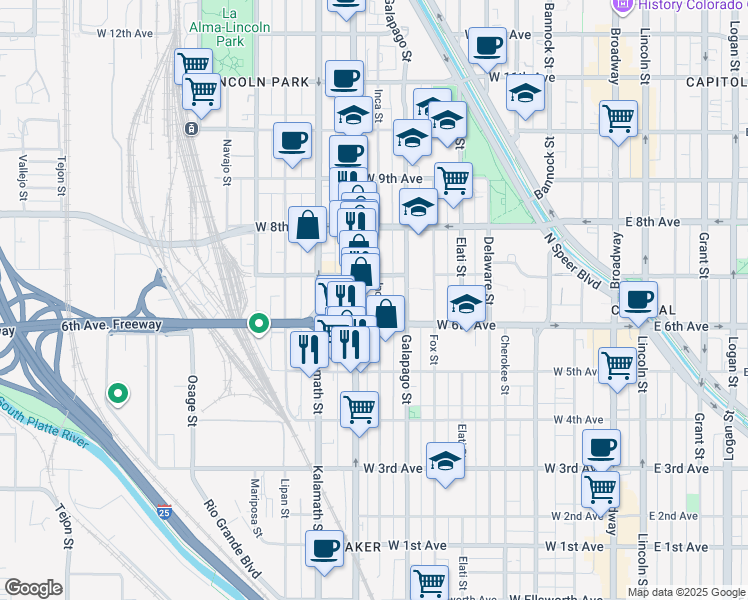 map of restaurants, bars, coffee shops, grocery stores, and more near in Denver