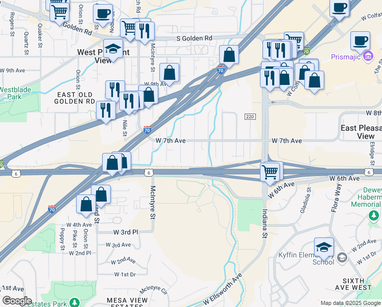 map of restaurants, bars, coffee shops, grocery stores, and more near 600 Kilmer Street in Golden