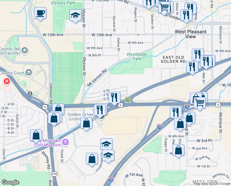map of restaurants, bars, coffee shops, grocery stores, and more near G St in Golden