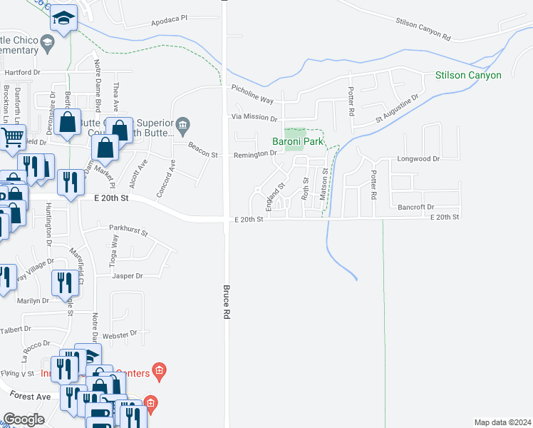 map of restaurants, bars, coffee shops, grocery stores, and more near 2586 East 20th Street in Chico