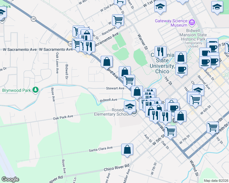 map of restaurants, bars, coffee shops, grocery stores, and more near 1208 Bidwell Avenue in Chico