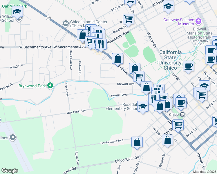 map of restaurants, bars, coffee shops, grocery stores, and more near 1326 Bidwell Avenue in Chico