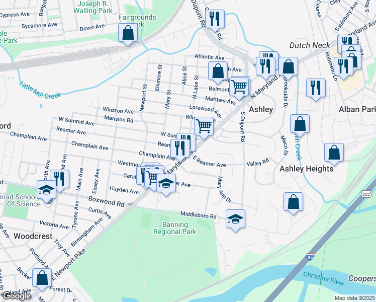 map of restaurants, bars, coffee shops, grocery stores, and more near 4 Reamer Avenue in Wilmington