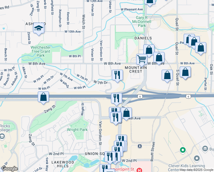 map of restaurants, bars, coffee shops, grocery stores, and more near 693 Urban Court in Golden