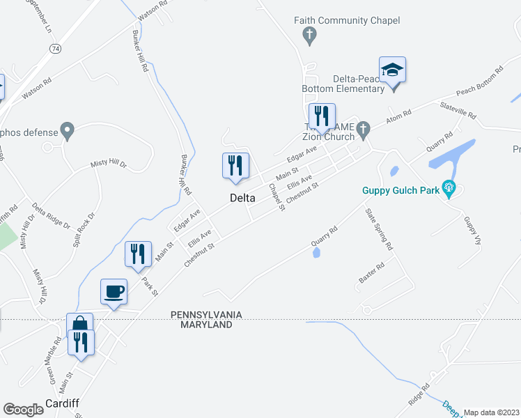 map of restaurants, bars, coffee shops, grocery stores, and more near 605 Chestnut Street in Delta