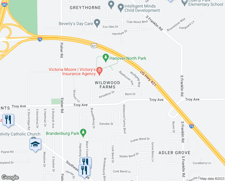 map of restaurants, bars, coffee shops, grocery stores, and more near 7846 Amadeus Drive in Indianapolis