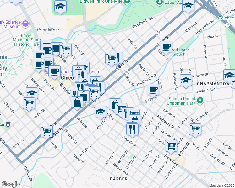 map of restaurants, bars, coffee shops, grocery stores, and more near Humboldt Avenue & Orient Street in Chico