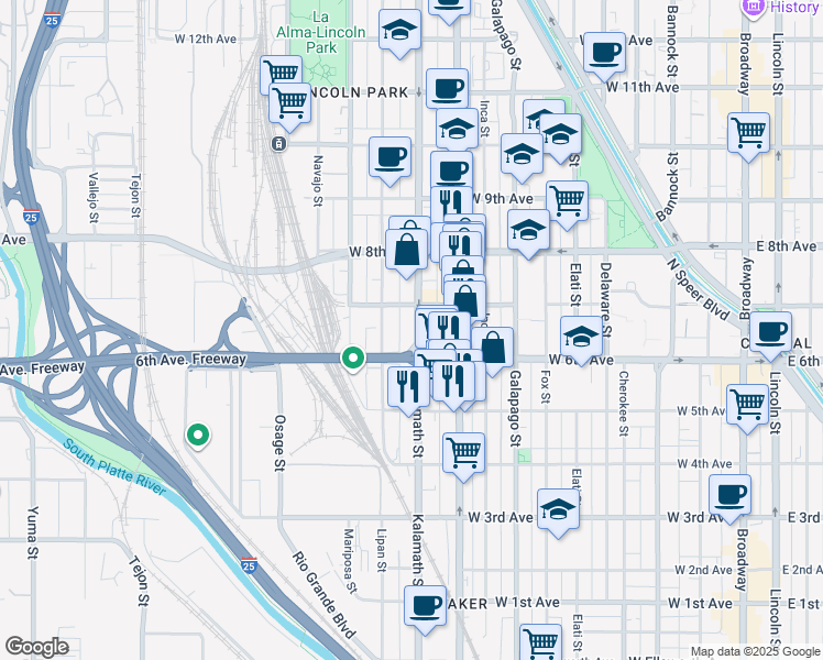 map of restaurants, bars, coffee shops, grocery stores, and more near 574 Kalamath Street in Denver