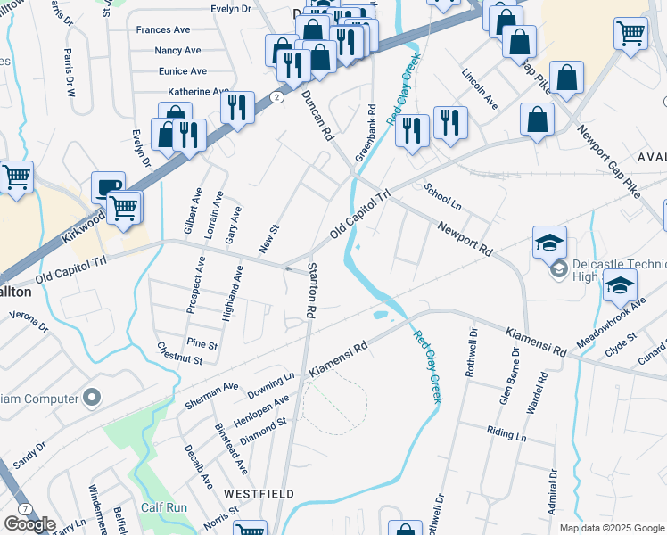 map of restaurants, bars, coffee shops, grocery stores, and more near 1105 Stanton Road in Wilmington