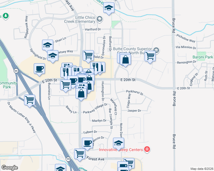 map of restaurants, bars, coffee shops, grocery stores, and more near 2090 Notre Dame Boulevard in Chico