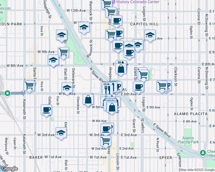 map of restaurants, bars, coffee shops, grocery stores, and more near 655 Broadway in Denver