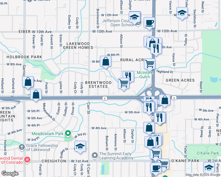 map of restaurants, bars, coffee shops, grocery stores, and more near 650 Ammons Street in Lakewood